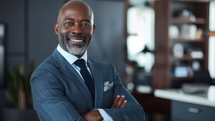 Fototapeta premium A confident, smiling businessman in a suit stands with crossed arms in a modern office, exuding professionalism and success.