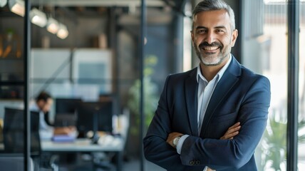 A smiling businessman in a suit stands confidently with arms crossed in a modern office, reflecting leadership and professionalism.