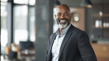 Fototapeta premium A confident, smiling businessman in a suit stands with crossed arms in a modern office, exuding professionalism and success.