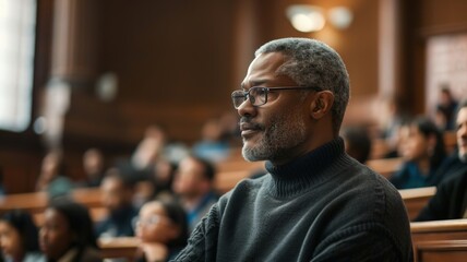 A focused mature student wearing glasses attentively listens to a university lecture in a crowded classroom, reflecting lifelong learning and dedication.
