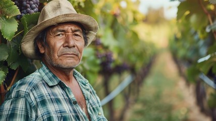An experienced farmer in a hat stands confidently in a lush vineyard, symbolizing hard work, dedication, and sustainable agriculture in winemaking.