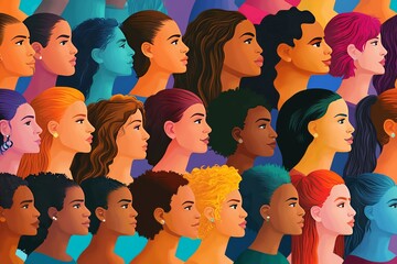 Colorful digital illustration of a diverse group of faces in profile symbolizing individuality cultural diversity and unity in a modern artistic composition