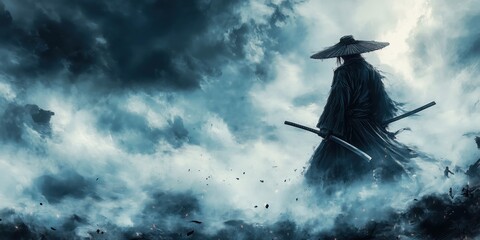 Silhouette of a dark samurai in traditional attire wielding dual katanas, with stormy clouds and debris surrounding him, creating an atmospheric warrior scene.