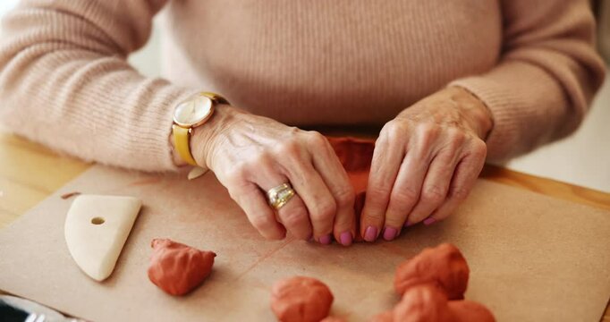 Woman, hands and clay for pottery, workshop and creative art in ceramic store with tools, shape and mold. Artisan, sculpture and handcraft in studio for porcelain, texture and design with fun hobby