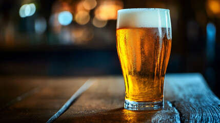 glass of beer on wooden table , in bar 