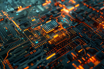 Obraz premium Complex futuristic micro tech circuit board, close up