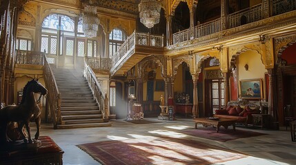 A grand staircase in an opulent palace with intricate details and a sunbeam illuminating the space.