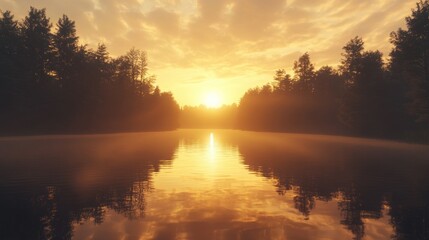 Obraz premium Golden Sunset Reflected in a Still Lake with Silhouetted Trees