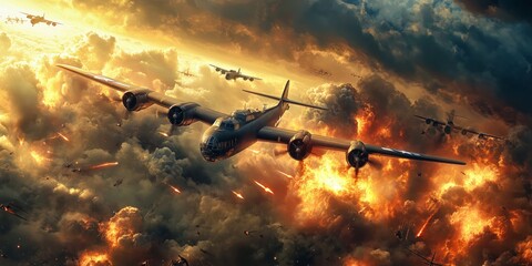 Naklejka premium Formation of bomber planes flying over clouds illuminated by the orange glow of an intense sky,