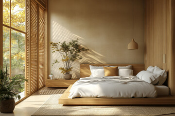 3D rendering of a wooden slat wall in a bedroom interior mockup with a minimal bed and table lamp on a light background, close-up, with copy space. Modern home decor.