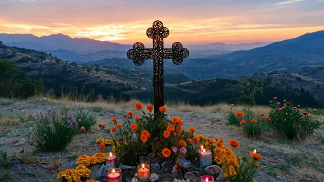 close up view of a cross in a traditional cemetery in Mexico during the day of the dead. Sunset in a mexican hill with cempasuchil flowers