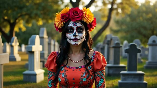 Pretty woman with the face painted like a skull walking in a cemetery during day of the dead celebration