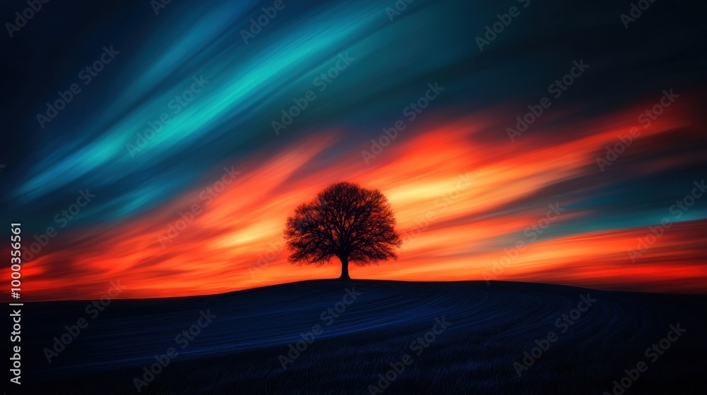 Wall mural Silhouetted Tree Against a Dramatic Sunset Sky