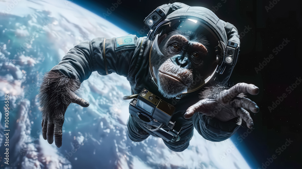 Wall mural monkey is in space wearing a spacesuit. the monkey is floating in the air and looking down at the ea