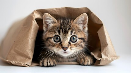 Tabby kitten peeking from inside a brown paper bag on white background. Studio pet portrait. Playful and curious cat concept. Design for banner, marketing, postcard, and print with copy space.