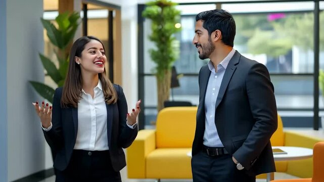 hispanic business people, talking inside a modern building. Latin america male and female professionals