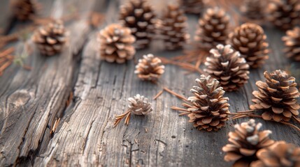 Close-up of Pine Cones on Rustic Wooden Background
