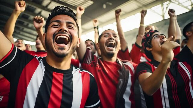 group of hispanic football fans celebrating a goal inside a stadium