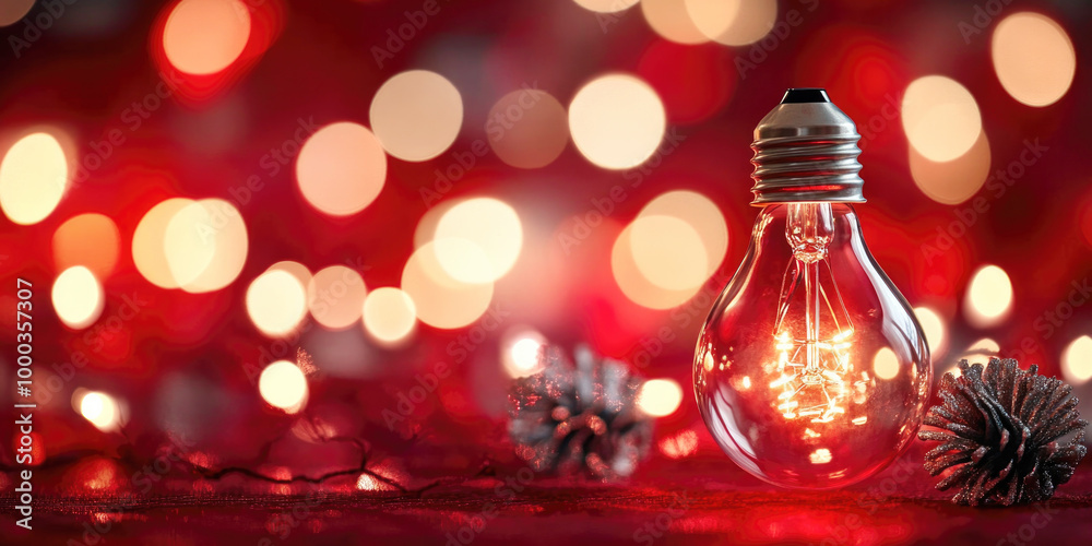 Poster a glowing light bulb surrounded by bokeh lights, creating a warm and cozy festive atmosphere with a 