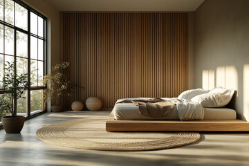 3D rendering of a minimal interior design mockup with a wooden slat wall background and a bed on the right side.