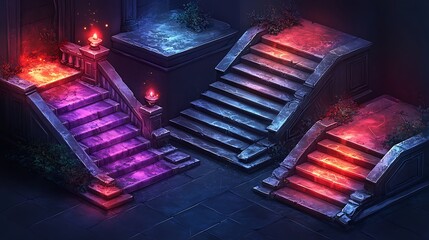 Fantasy game asset, Stone stairs with glowing neon lights.  3D model for game design and development.