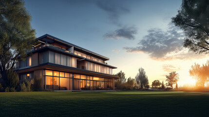 Obraz premium Contemporary Living: Modern Apartment with Green Lawn and Soft Evening Light