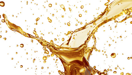 Obraz premium Dynamic oil splash creating a fountain-like motion with golden droplets, showcasing the beauty of liquid movement against a transparent backdrop.