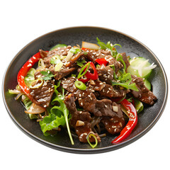 Fototapeta premium Delectable asian beef stir fry served with fresh vegetables and garnished with sesame seeds, showcasing vibrant colors and appetizing presentation