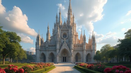 Fototapeta premium A medieval cathedral with a garden of beautiful flowers