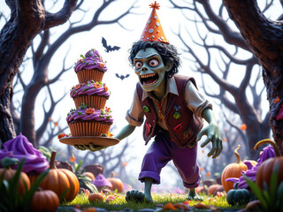 Zombie's Spooky Sweet: A whimsical 3D render of a cheerful zombie carrying a towering cupcake birthday cake through a Halloween forest  - Generated by Generative AI