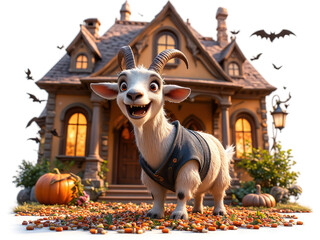 Happy Halloween Goat: A friendly goat in a denim jacket smiles cheerfully in front of a charming Halloween house, surrounded by pumpkins and bats - Generated by Generative AI