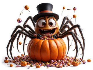Happy Halloween Spider:  A friendly cartoon spider wearing a top hat is perched on a pumpkin filled with candy in a 3D rendered image  - Generated by Generative AI