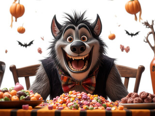 Happy werewolf enjoys a spooky feast of Halloween candy - Generated by Generative AI