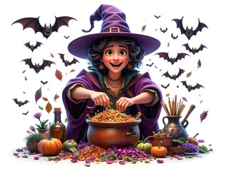 Happy Halloween Witch: A charming cartoon witch is preparing a magical potion for the spooky holiday, surrounded by bats and autumnal ingredients - Generated by Generative AI