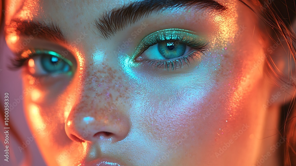 Sticker Closeup portrait of a woman's face with vibrant neon lighting, colorful shadows, and sparkling skin.