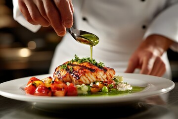 Chef drizzling herb sauce on grilled salmon with veggies and cream