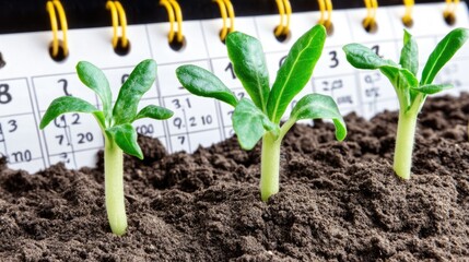 Young green seedlings emerging from soil with calendar in background