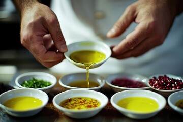 Artisan chef preparing gourmet sauces with olive oil and herbs in restaurant kitchen