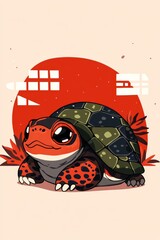 Obraz premium Cute Cartoon Turtle with Green Shell and Big Eyes