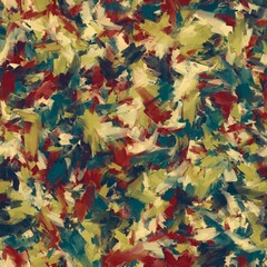 Chaotic brush strokes pattern. Oil paintings texture. Ebony clay, dark teal, green beige, golden sand and old brick red colors. Seamless hand drawn background.