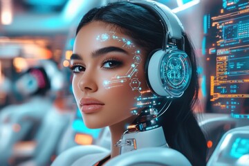Futuristic cyborg woman with digital interface in a neon-lit control room