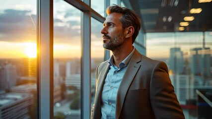 As the sun sets over the city, a man reflects thoughtfully while standing in a high-rise office with glass windows - Powered by Adobe