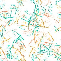 Abstract thin watercolor brush strokes. Japanese texture. Dark turquoise, saffron mango, faded orange and pale pink colors on the white background. Seamless hand drawn pattern