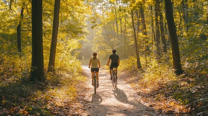 Fototapeta premium A couple riding bicycles along a winding forest trail, with sunlight filtering through the leaves and 