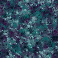 Black pearl, dark aquamarine, moonstone blue and very dark purple colored chaotic brush strokes. Small circles and abstract shapes. Seamless hand drawn pattern.