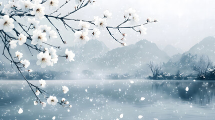Serene Landscape with White Blossoms and Misty Mountains