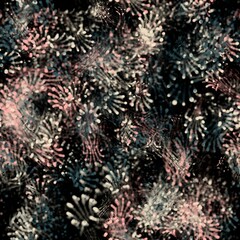 Fototapeta premium Abstract blurred spots, lines and splashes on the dark background. Fireworks imitation. Mineral green, flamingo pink and bone colors. Seamless hand drawn pattern.