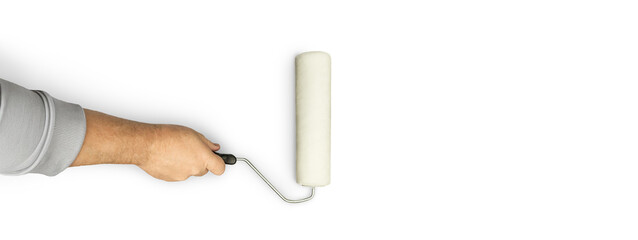 Male Hand Using Paint Roller on Transparent Background. Transparent PNG..