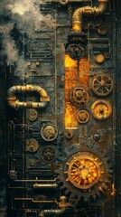 Fototapeta premium A background of intricate steampunk gears and pipes, with golden accents and...