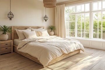 Cozy bedroom with neutral tones and large windows symbolizing warmth relaxation and modern living in a serene light filled space